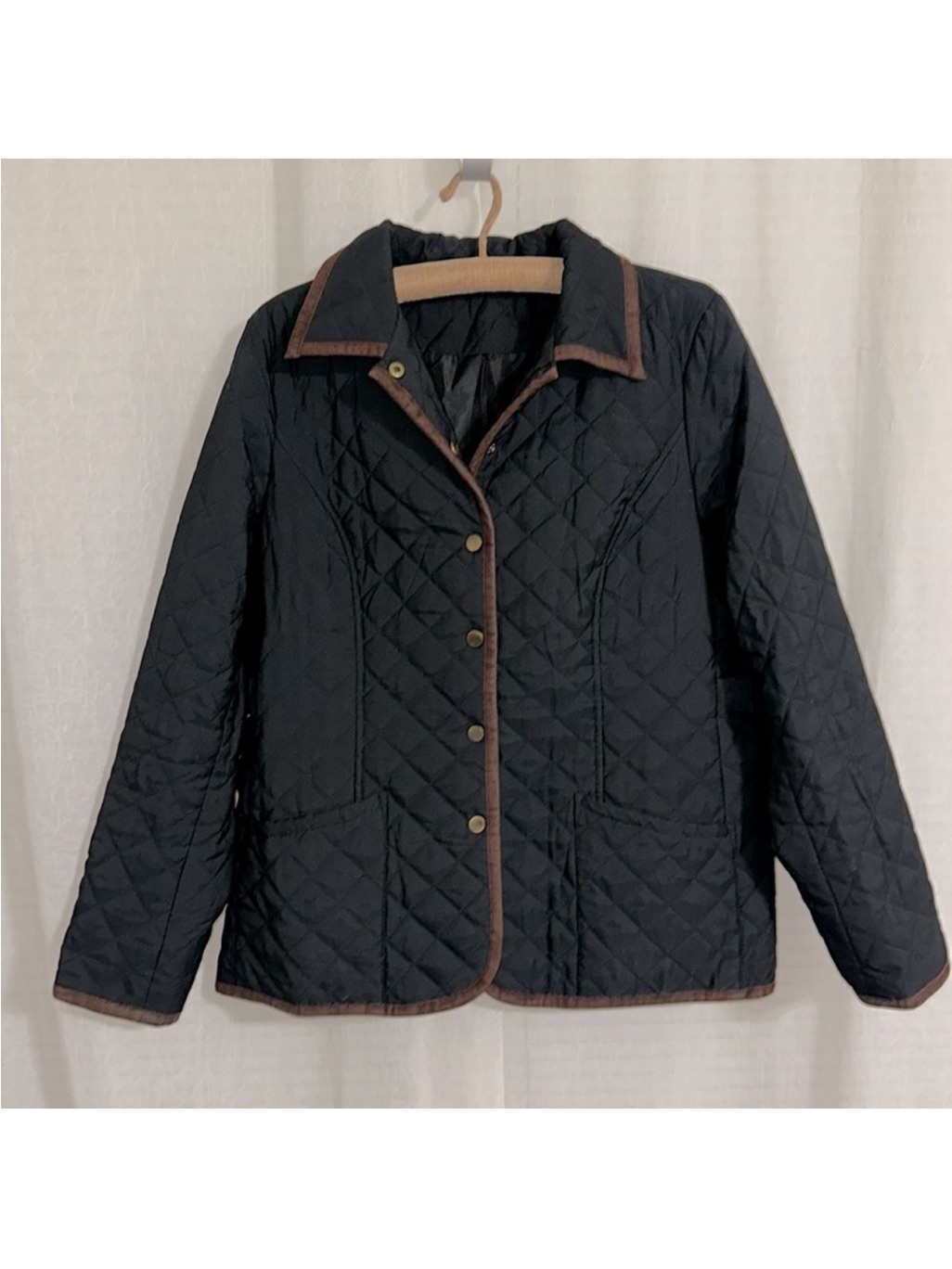 Joan Rivers L Quilted Navy Brown Faux Suede Trim Barn Snap Front Collared Jacket